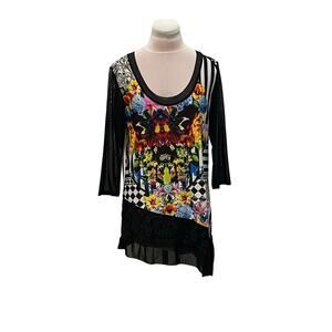 Y2K Colorful Mixed Media Asymmetrical Sheer Mesh Lace Top SM Art to Wear Artsy